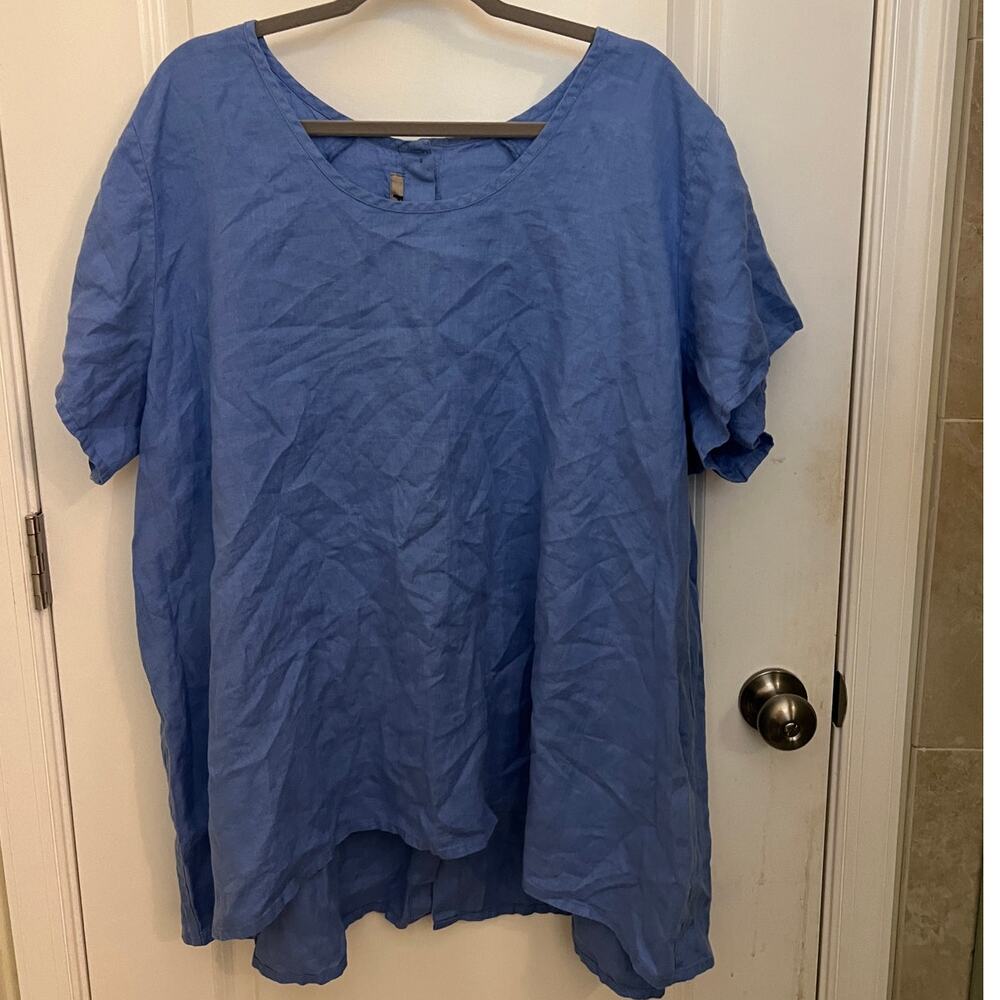 FLAX Linen Button Back Short Sleeve Blouse 3G Blue Oversized Lagenlook Boho Chic